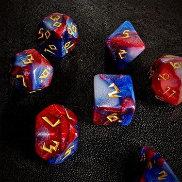Glitter in Blue & Red Acrylic - 7pcs RPG Full Dice Set Scatter